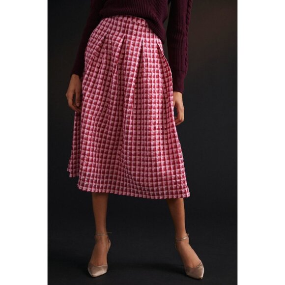 Anthropologie Eva Franco Textured Plaid  Pink Midi Skirt - Regular& Petite - Picture 2 of 6